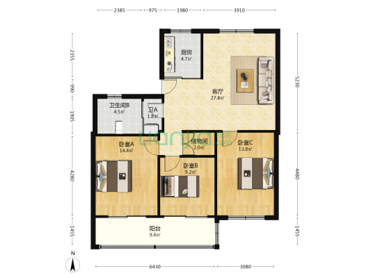 银州楼 3室1厅2卫 100平方