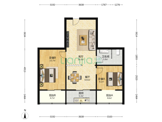 纺医小区 2室2厅1卫 83平方