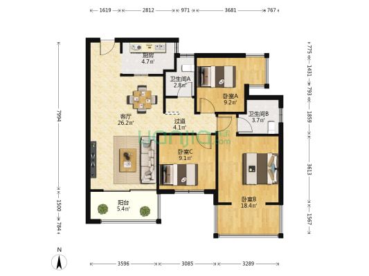 光明城市雅集苑 3室1厅2卫 107平方