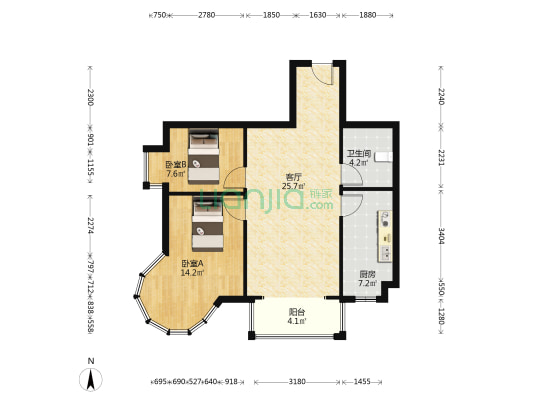 涿州市区 凯旋门 大社区 好楼层 卧室带弧形窗-户型图