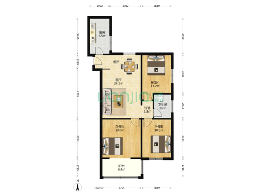 沙口路46号院 3室1厅1卫 103平方