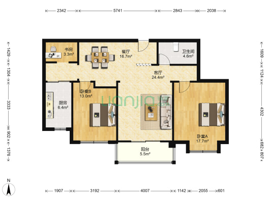 新世纪鹿山锦苑 3室2厅1卫 122平方