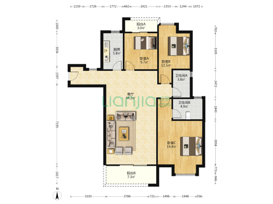 恒韵府 3室1厅2卫 149平方