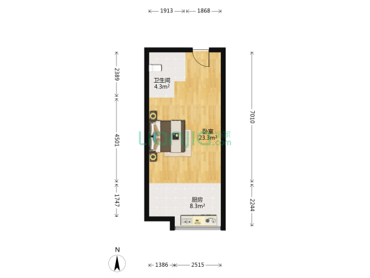 新钱湖景苑 1室0厅1卫 53平方