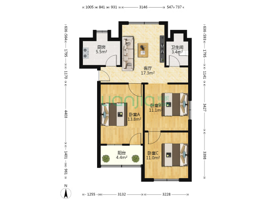冠源小区 3室1厅1卫 86平方
