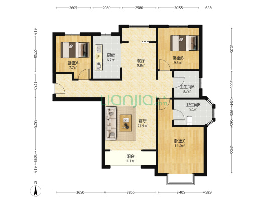 花田路 大社区 南北通透三居双卫 全明格局-户型图