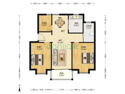 亭苑社区A区 3室1厅1卫 95平方