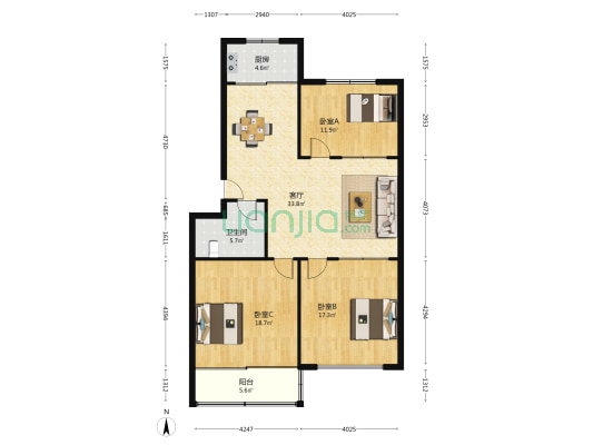 新龙家苑 3室1厅1卫 121平方