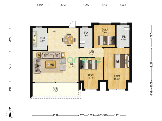 建投·春城華府 3室1厅2卫 117平方