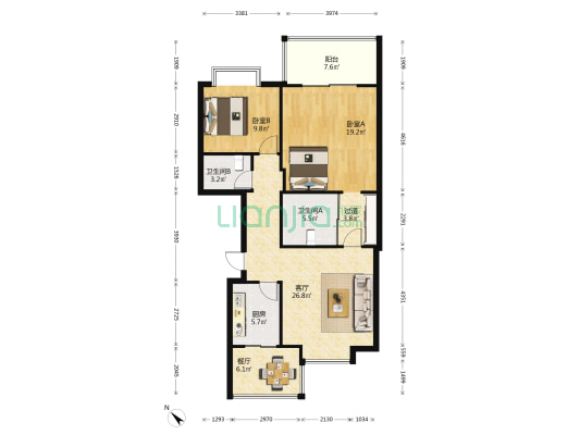 海口乌兰集团公寓楼 2室2厅2卫 106平方