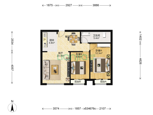 圣克拉二期 南向精装两居室 有钥匙 随时看 3.35层高-户型图