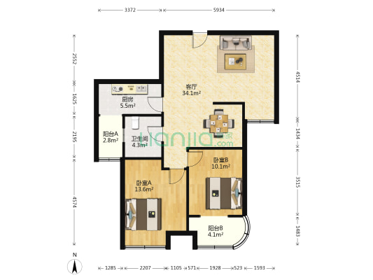 国华天域 2室1厅1卫 92平方
