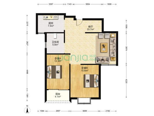 九华万家花园 2室1厅1卫 91平方