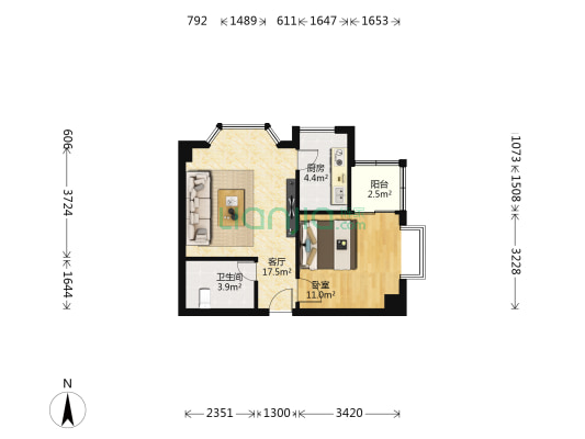丽景华庭一期 1室1厅1卫 49平方