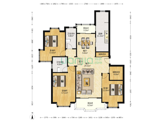 西班牙名园 3室2厅2卫 142平方