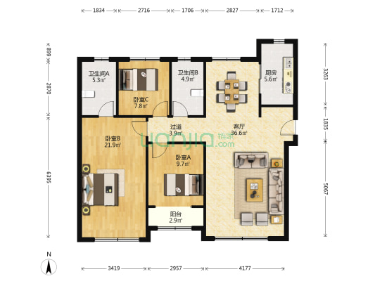 鹊华居 3室1厅2卫 143平方