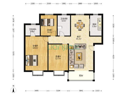 鑫禾花园（木渎） 3室1厅2卫 114平方