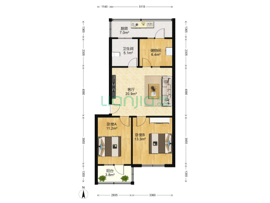 梅园里 2室1厅1卫 84平方
