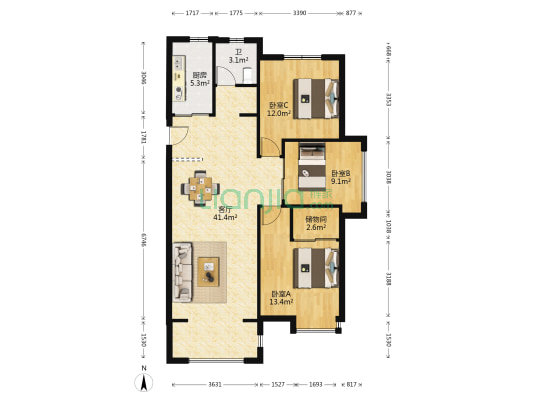 一洲东岸 3室1厅1卫 107平方