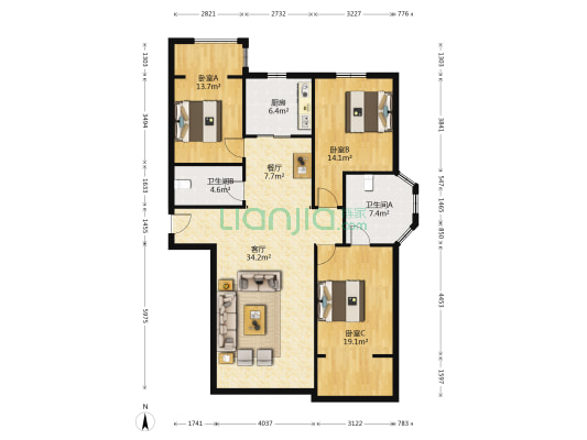 府园东居 3室2厅2卫 147平方