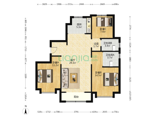 雍祥府 3室1厅2卫 119平方