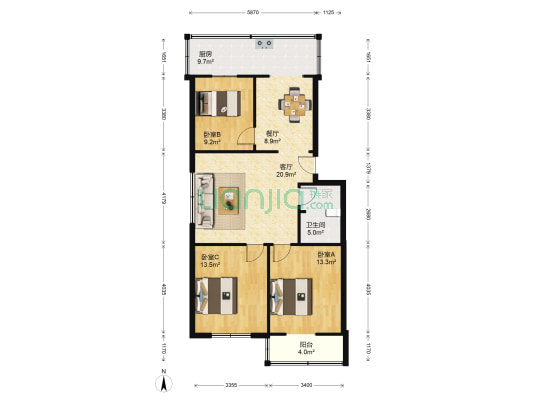 经干院宿舍 3室2厅1卫 97平方