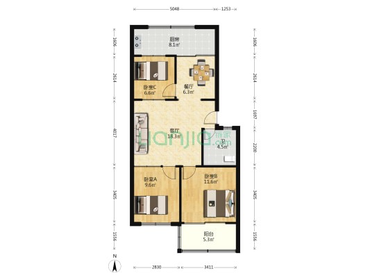 游麟大院 3室2厅1卫 87平方