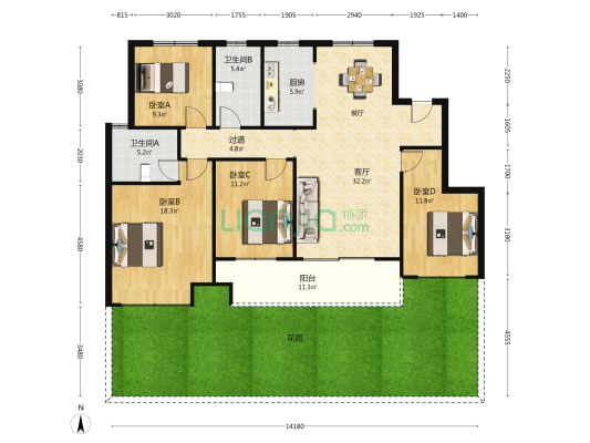 山海云筑 4室1厅2卫 140平方