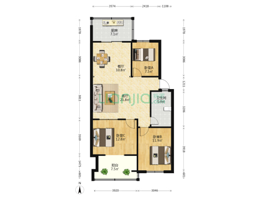昆明市第三人民医院生活区 3室2厅1卫 81平方