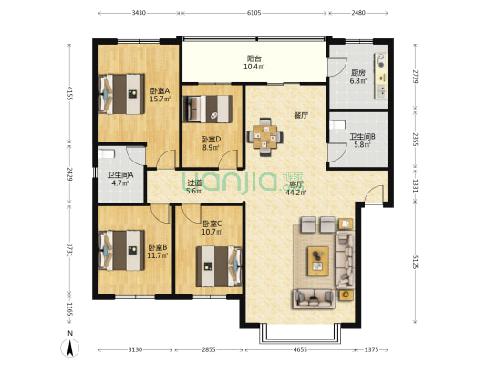 新加坡商业街205号 4室1厅2卫 148平方