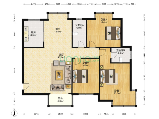 桃李花园 3室2厅2卫 156平方