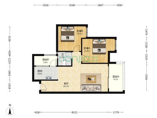 花雨湖畔 2室1厅1卫 83平方