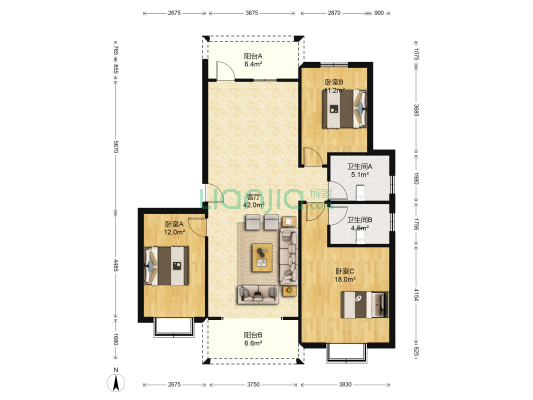 姑溪山水一期 3室1厅2卫 118平方