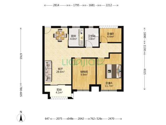 中梁珑璟阁 2室1厅1卫 89平方