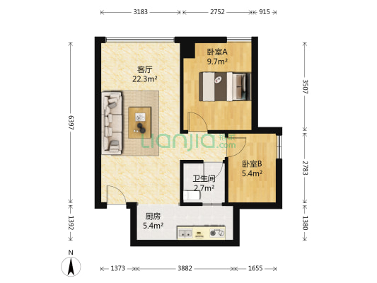 中铁城 2室1厅1卫 60平方