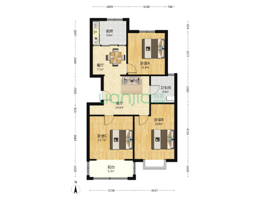 郑和北路100号 3室2厅1卫 105平方