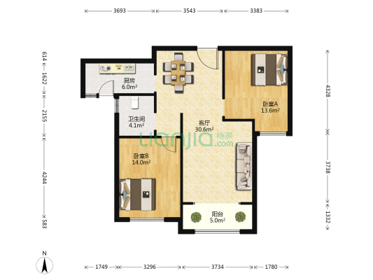 上城国际B区 2室1厅1卫 100平方