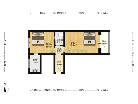六铺炕 2室0厅1卫 53平方