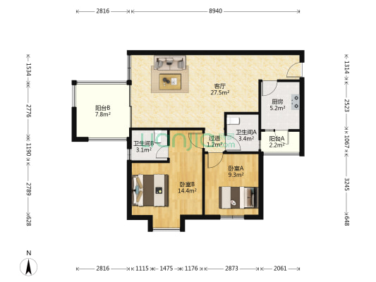 怡家 2室1厅2卫 91平方