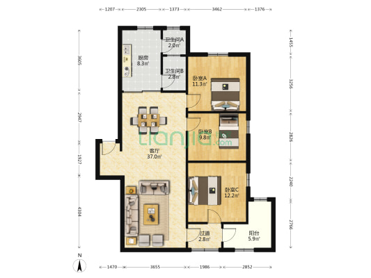 惠阳区政府干部住宅区 3室1厅2卫 100平方