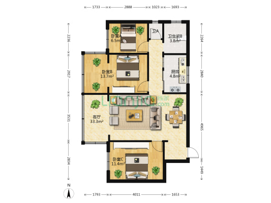云南省轻工业科学研究院 3室1厅2卫 81平方