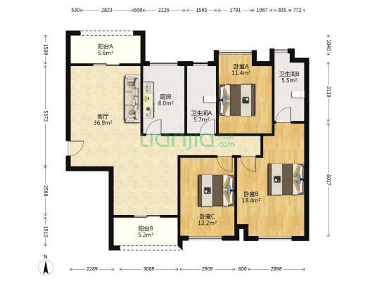 利丰城市花园 3室1厅2卫 125平方