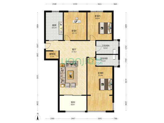 绿都嘉华公馆 3室1厅2卫 118平方