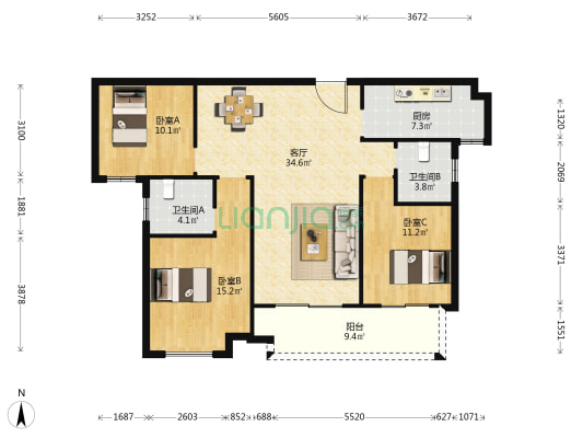 世茂璀璨天城 3室1厅2卫 126平方