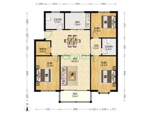 永嘉花园 3室1厅2卫 133平方
