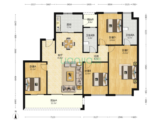 世茂璀璨天城 4室1厅2卫 164平方