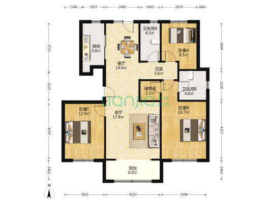 让山 3室2厅2卫 128平方