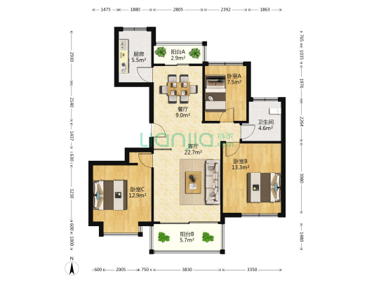 当代华府 3室2厅1卫 130平方