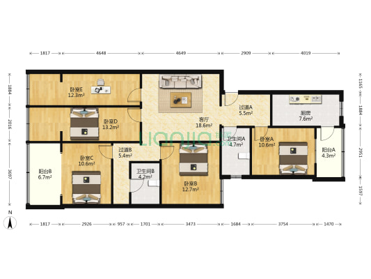 宏祥公寓 5室1厅2卫 136平方