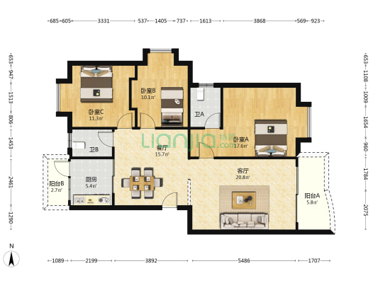 富景花园 3室2厅2卫 114平方